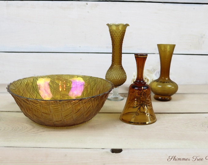 Vintage Iridescent Glassware, Assorted Lot Serving bowl, vases and bell