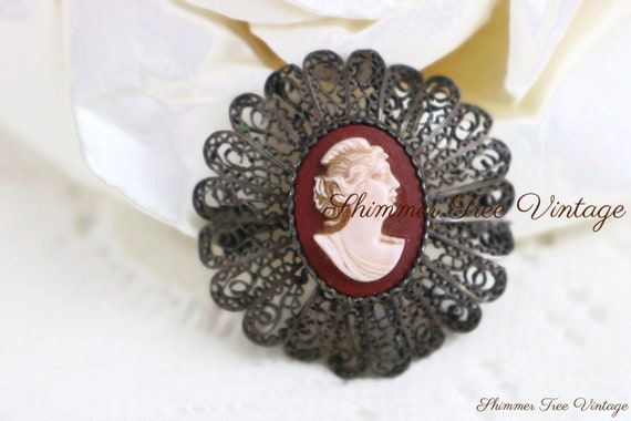 Antique Carved Cameo Filigree Collar Pin - image 1