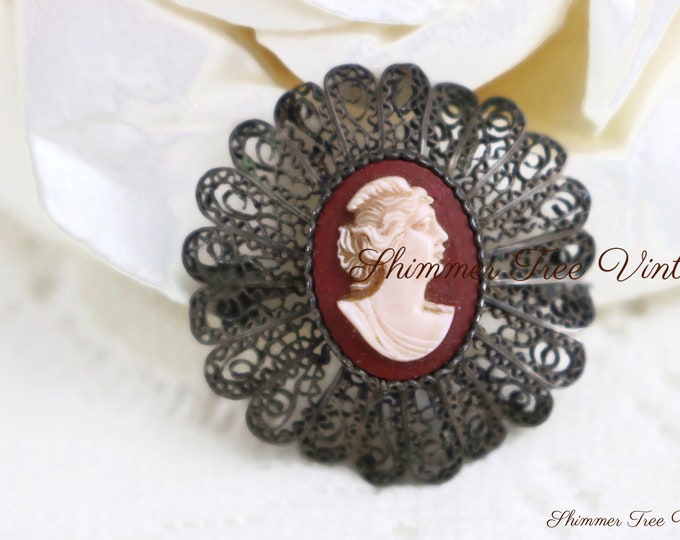 Antique Carved Cameo Filigree Collar Pin