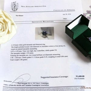 10K White Gold Tanzanite and Diamond Ring Size 6, comes with recent appraisal report image 8
