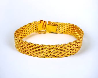 MONET Signed Bright Gold Plated Brick Chain Bracelet