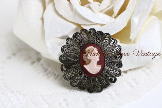 Antique Carved Cameo Filigree Collar Pin - image 2