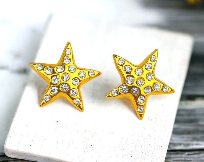 Chic Bright Gold Plated Rhinestone Star Clip on earrings
