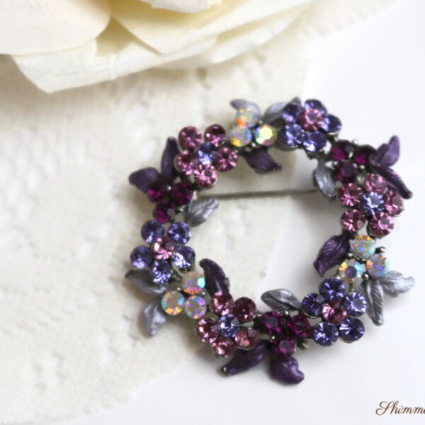 Purple Rhinestone Floral Wreath Brooch