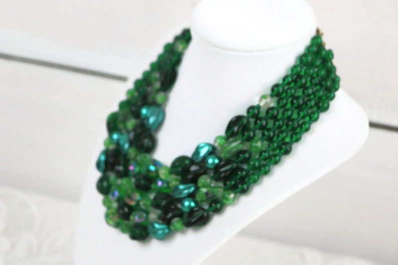5 strand dark green necklace Stunning Green Art Deco Venetian glass Multi strand Statement necklace