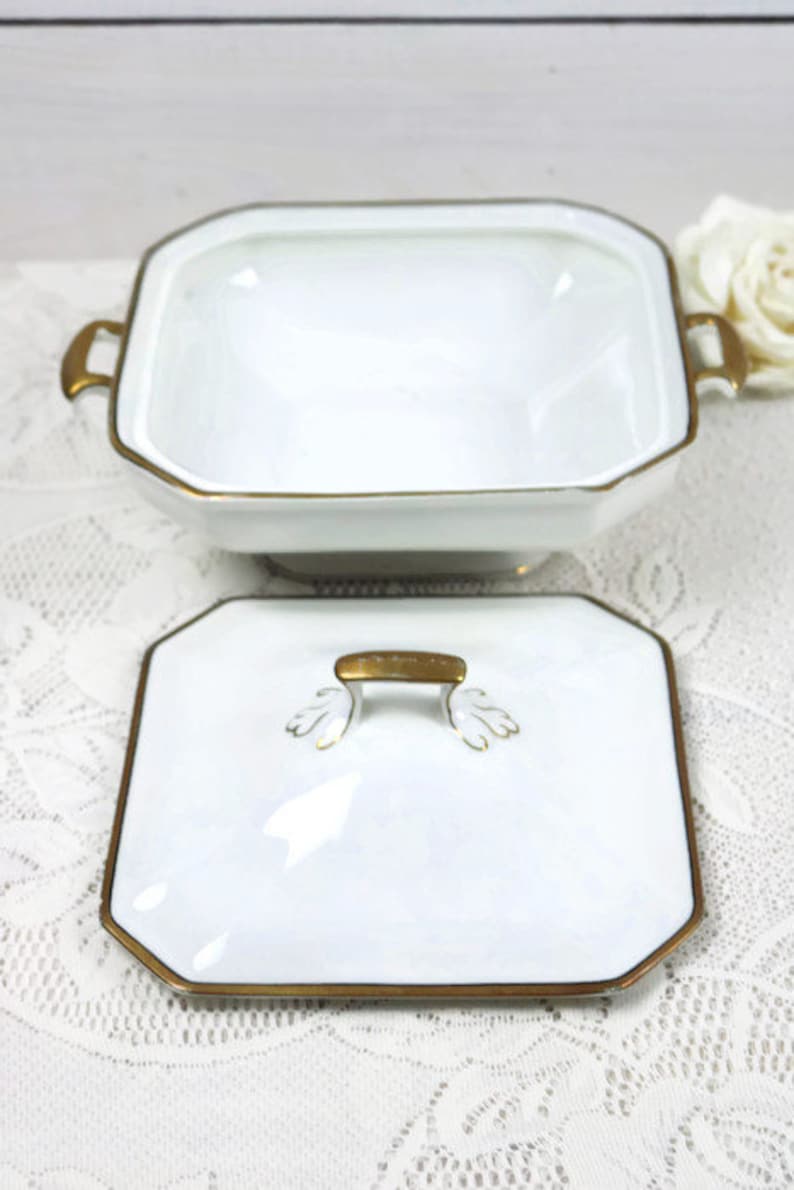 Antique J/&G Meakin Square server with lid Art deco covered serving dish White dish with gold gilt trim and edging details