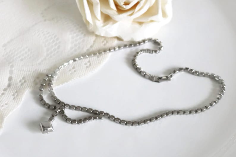 Crystal Necklace Art Deco Glam clear crystal rhinestone necklace with dainty crystal drop pendulum pendant.