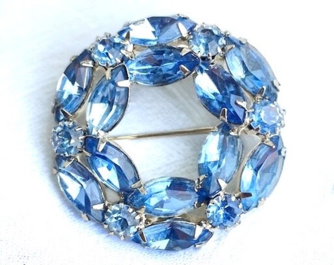 Sparkling Vintage Blue Crystal Open Center Wreath Brooch