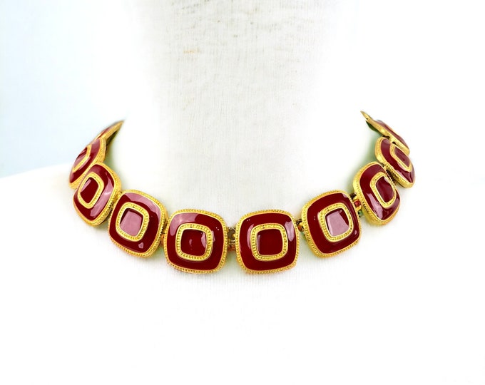 Sophisticated Red and Gold Enamel Square Link Collar Necklace, high end statement necklace