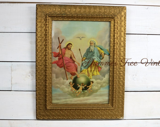 Large Antique 19th c Gold Gesso Framed Print, Jesus Seated at the right hand of God