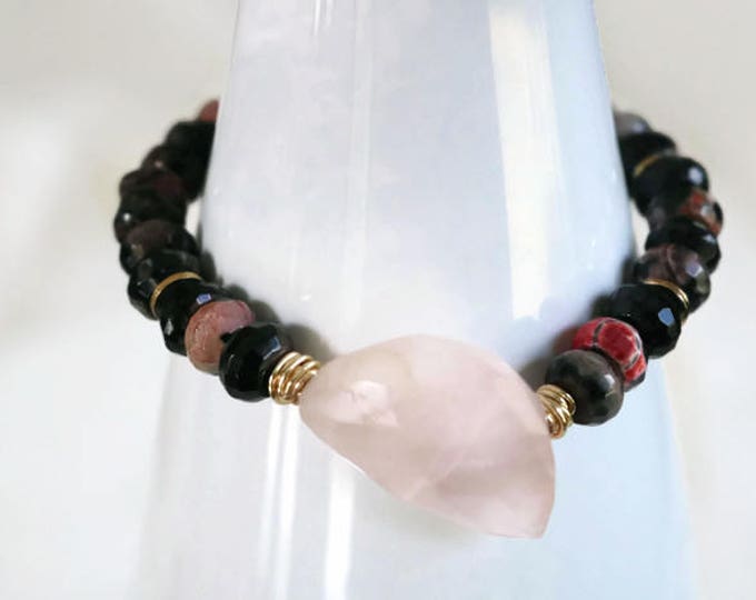 Rose Quartz Stretch bracelet, Faceted pink and black Jasper Rondell Handmade OOAK bracelet.