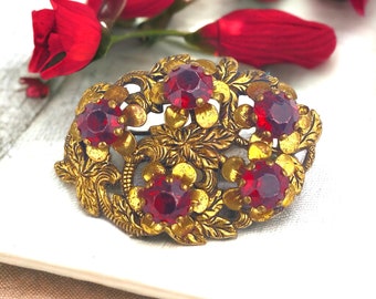 1940's Repoussé Brass & Rhinestone Brooch