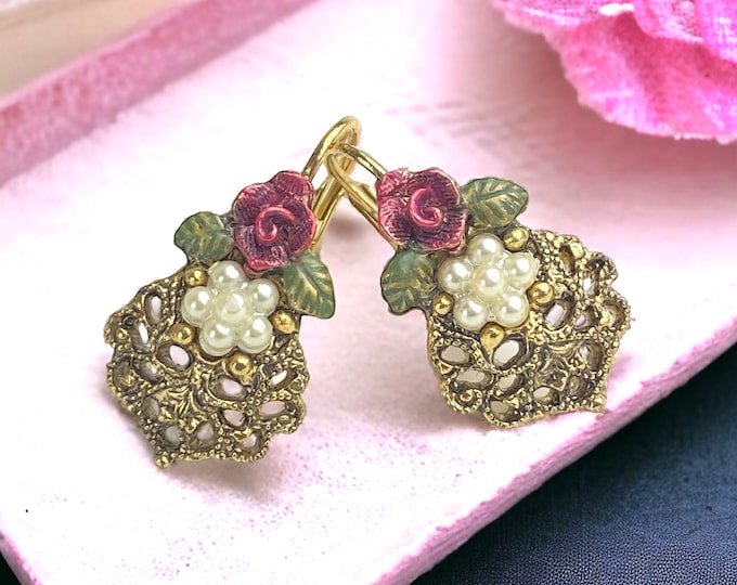 Elegant vintage 1928 Co Ornate Filigree and Rose Lever back Drop Earrings