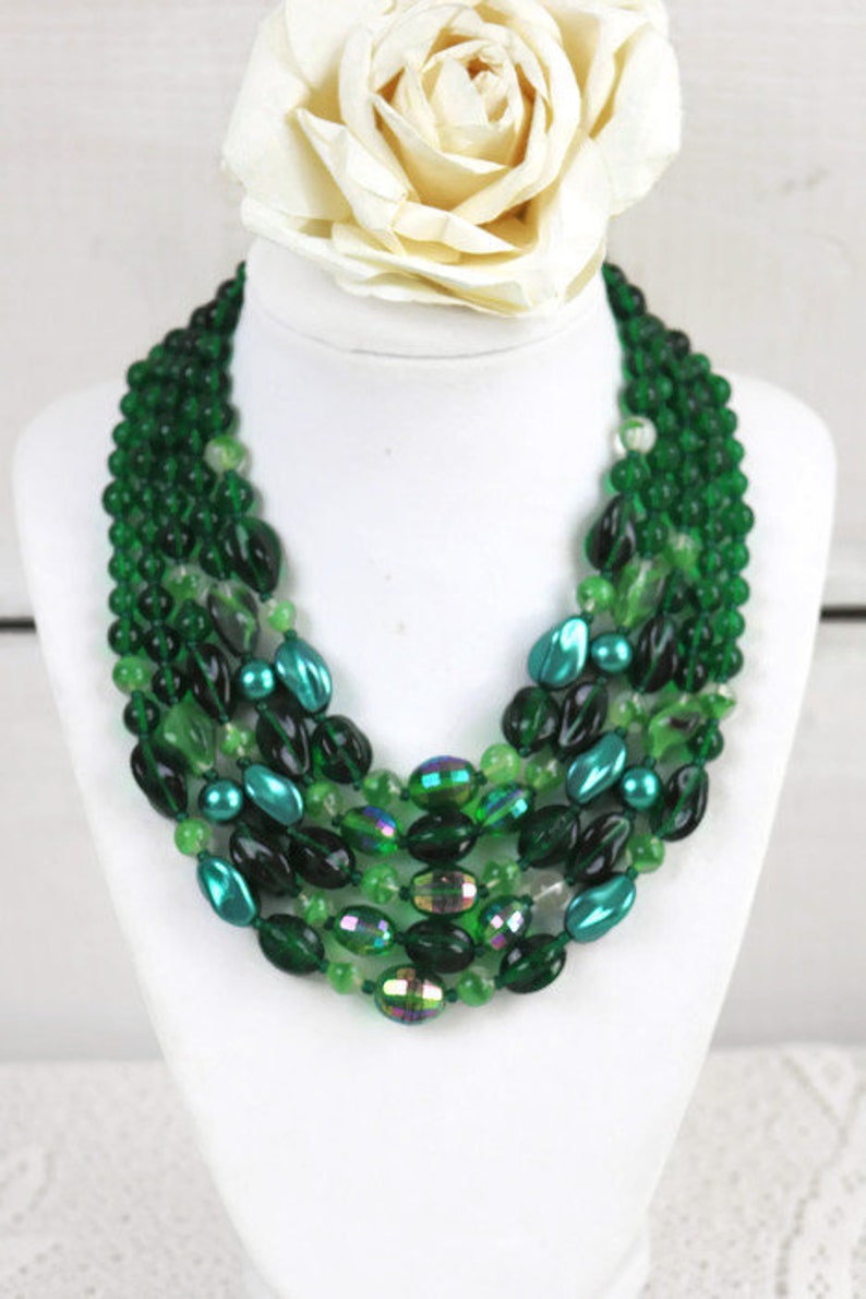 5 strand dark green necklace Stunning Green Art Deco Venetian glass Multi strand Statement necklace