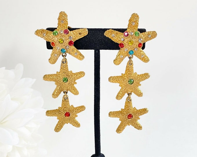 Fabulous BLANCA Signed Jewelled starfish Dangle Clip on Earrings