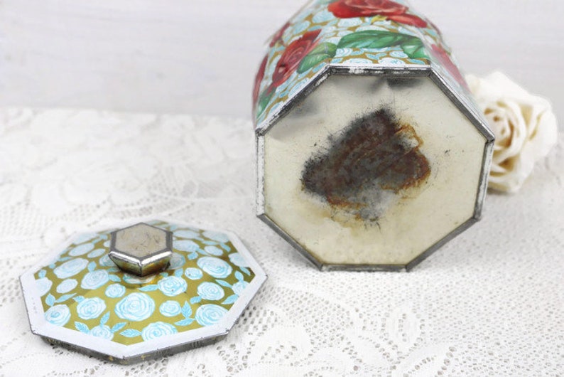 Shabby vintage home decor Rustic antique Red Rose Tin with Lid