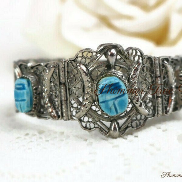 Antique Egyptian Revival Carved Faience Scarab filigree panel bracelet