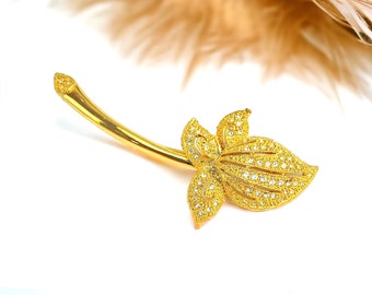 Vintage Long Stem Pave Rhinestone Flower Brooch