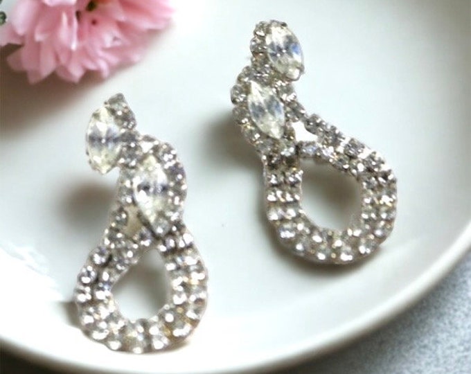 Beautiful Rhinestone hoop drop earrings, wrap around butterfly closure, Hollywood glam wedding pierced earrings.