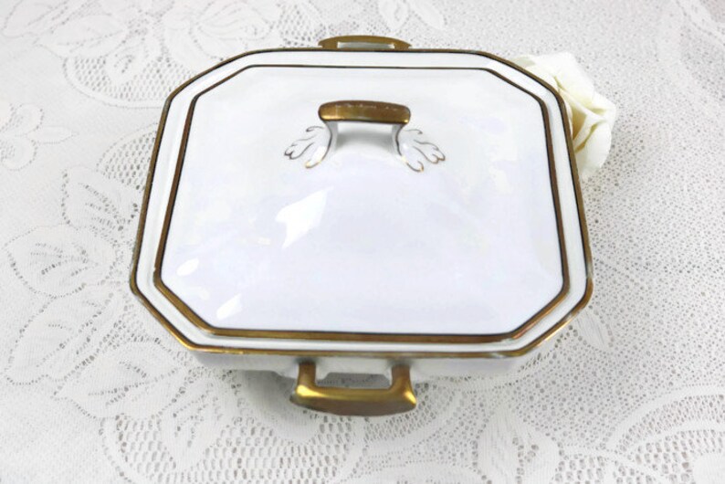 Antique J/&G Meakin Square server with lid Art deco covered serving dish White dish with gold gilt trim and edging details