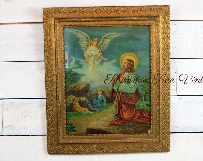 Large Antique 19th Century Lithograph Print, Christ in Gethsemane, Gold Gesso Frame