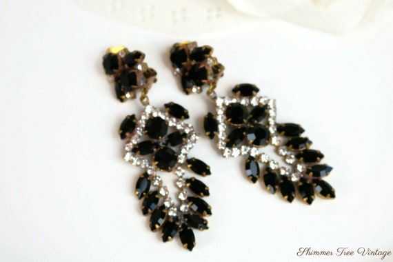 Black and Clear Rhinestone Dangle Clip on Earrings