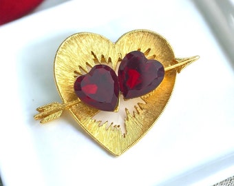 Vintage JJ Jonette Signed Gold Gilt Heart Brooch with Ruby Red Glass Stones