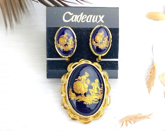 Porcelain LIMOGES Signed Midnight Blue and Gold Painted Cameo Brooch Set