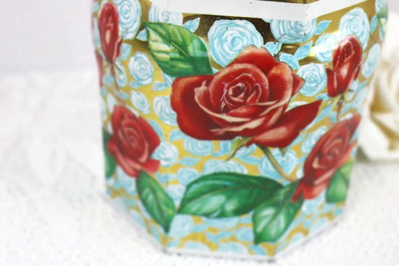 Shabby vintage home decor Rustic antique Red Rose Tin with Lid