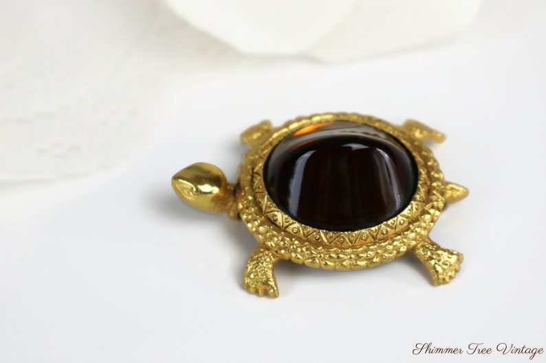 Tortolani Gold plated Amber glass Turtle brooch