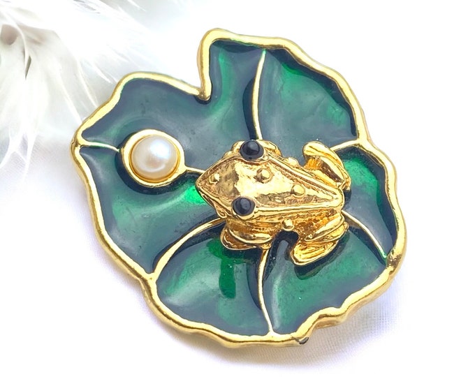 Vintage JJ Signed Enamel Frog on a Lily pad Brooch