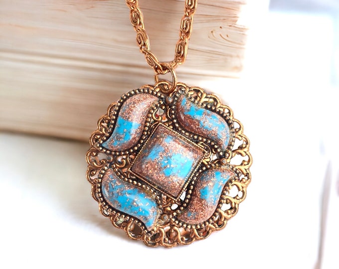 Mid Century Blue Lucite Copper Confetti Pendant Necklace