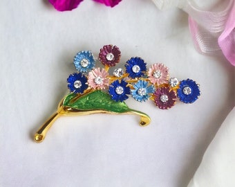 Pretty Enamel and Crystal Flower Sprig Brooch