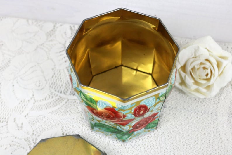 Shabby vintage home decor Rustic antique Red Rose Tin with Lid