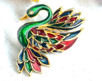 Broche de cisne firmado por GIOVANNI con impresionante esmalte rojo, verde y dorado
