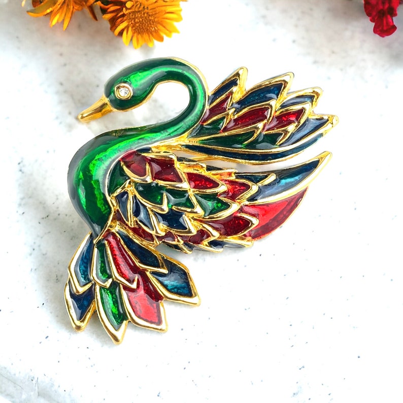 GIOVANNI Signed Swan Brooch with Stunning Red, Green, and Gold Enamel image 1