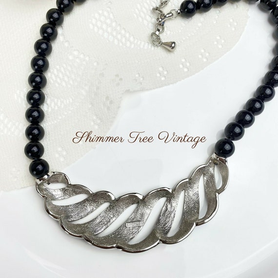 MONET signed Black and Silver Modern Bib Necklace - image 2