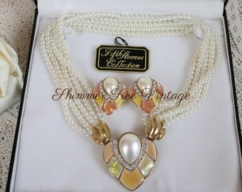 FAC Faux pearl and Rhinestone Necklace and Clip on Earrings Set.