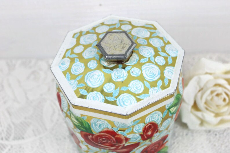 Shabby vintage home decor Rustic antique Red Rose Tin with Lid