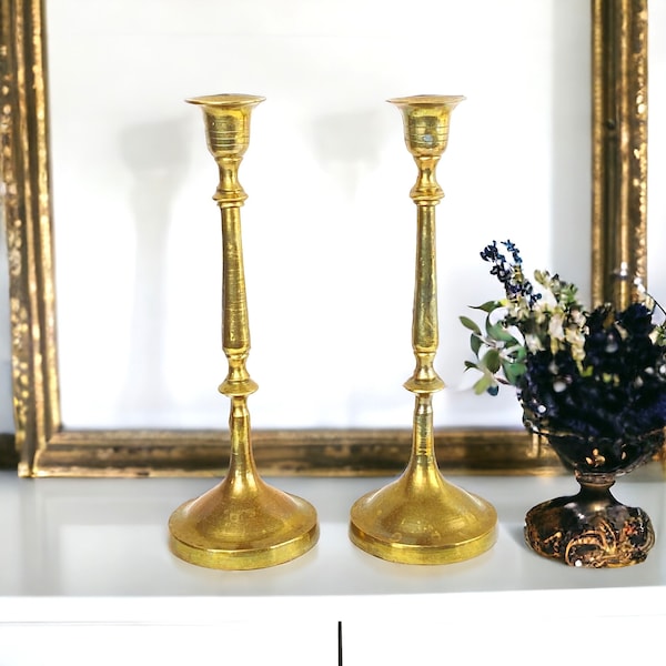 Vintage Tall Rustic Brass Taper Candlestick Holders