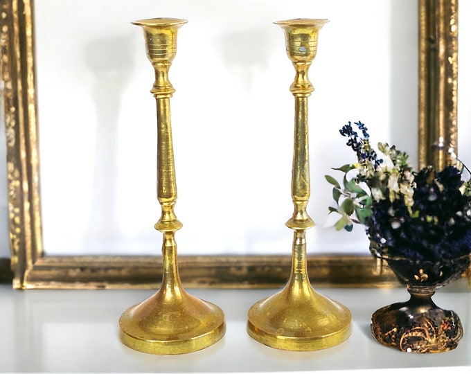 Vintage Tall Rustic Brass Taper Candlestick Holders