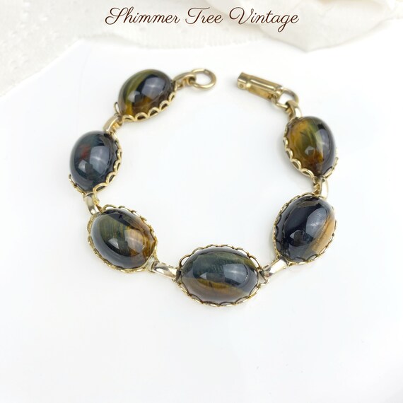 Bracelet Gourmette Ancien En Argent Massif 925 Avec Cabochon œil De Tigre - Bijou Vintage