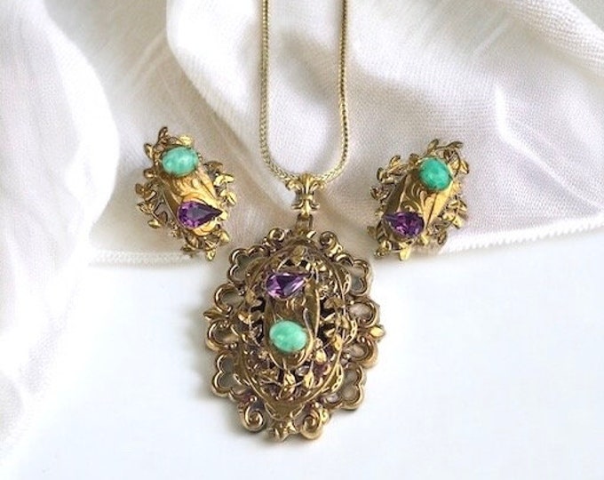 Antique Victorian Jewelled Pendant necklace and Clip on Earrings