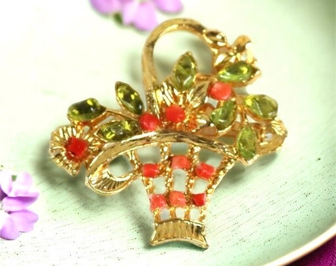 Coral And Prehnite gemstone chip Flower basket brooch