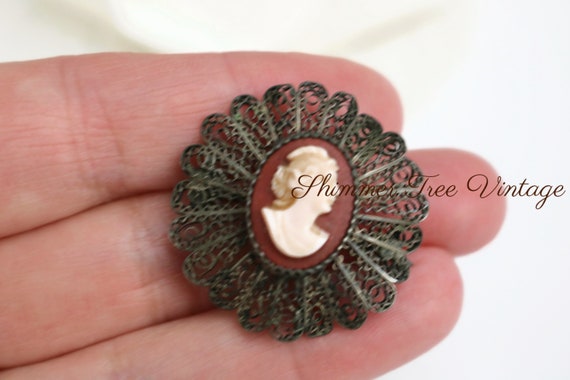 Antique Carved Cameo Filigree Collar Pin - image 8