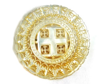 Broche cruzado de Jerusalén de nácar tallado de mediados de siglo, pin MOP