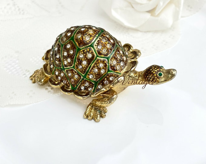 Vintage Rhinestone and Enamel Turtle Trinket Box