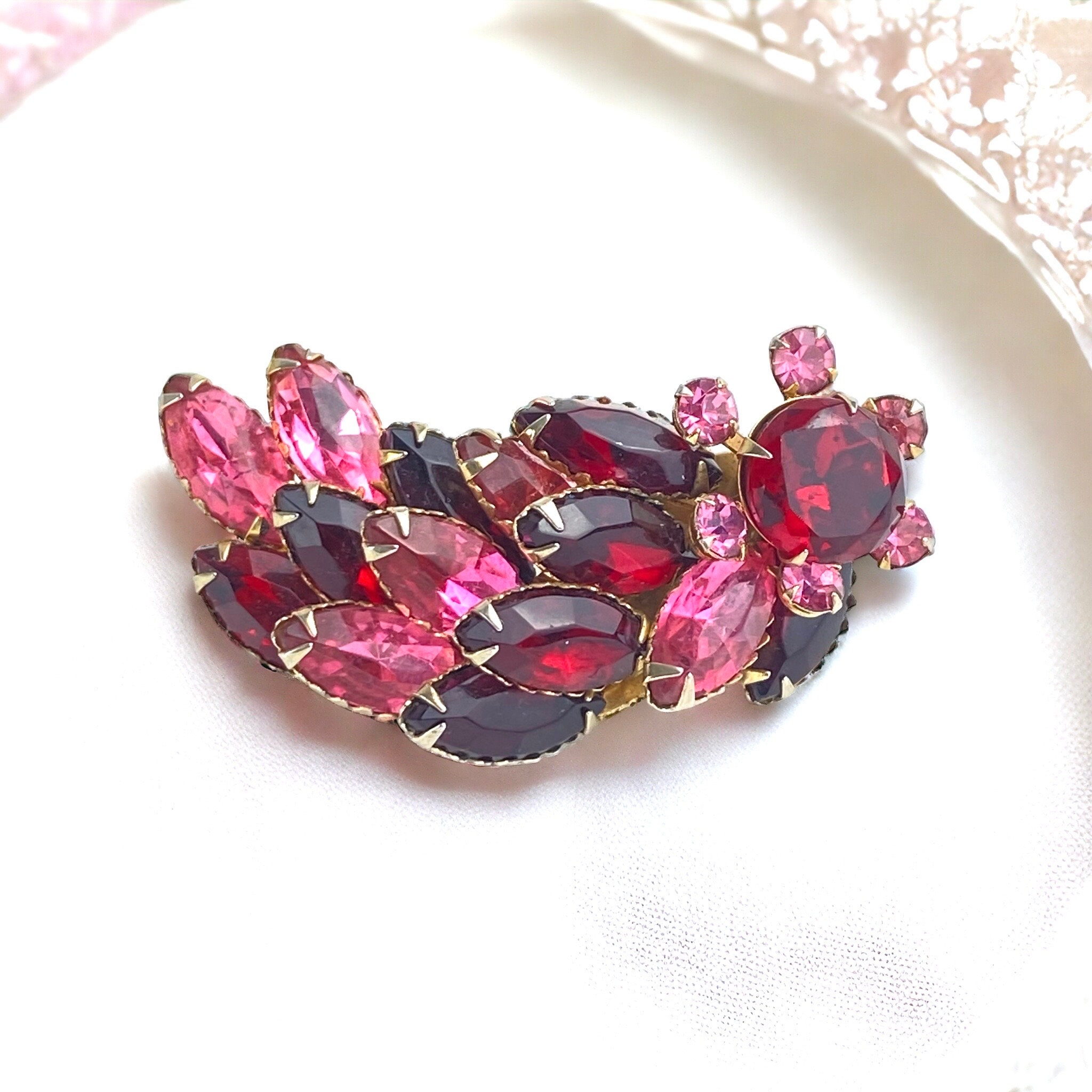 JULIANA Pink and Red Navette Floral Leaf Brooch