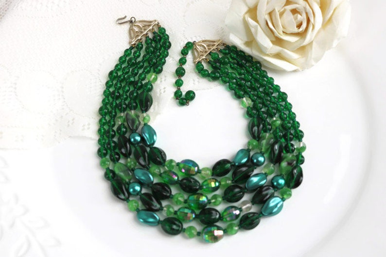 5 strand dark green necklace Stunning Green Art Deco Venetian glass Multi strand Statement necklace