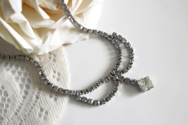 Crystal Necklace Art Deco Glam clear crystal rhinestone necklace with dainty crystal drop pendulum pendant.